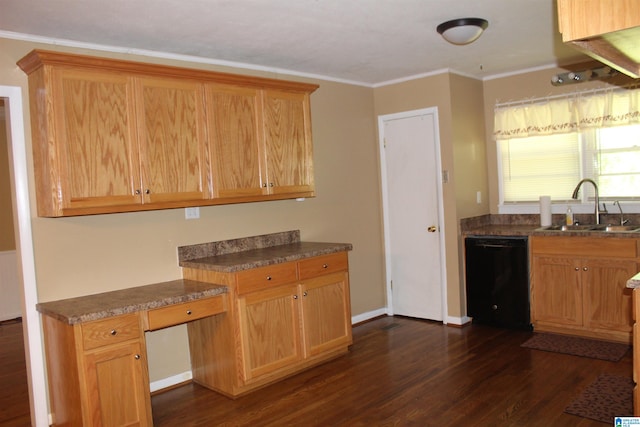 kitchen with crown molding, sink, dishwasher, and dark hardwood / wood-style flooring