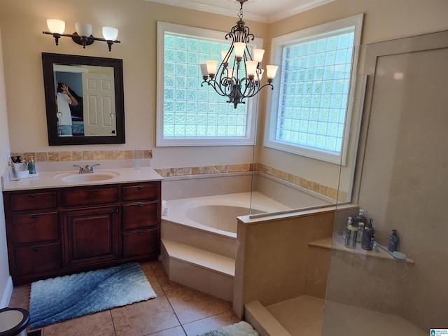 bathroom featuring vanity, a chandelier, tile patterned floors, shower with separate bathtub, and crown molding