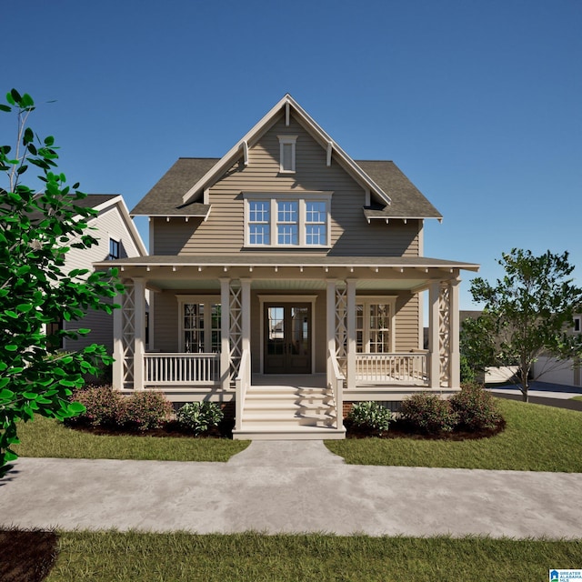 view of front of property featuring a front yard and a porch