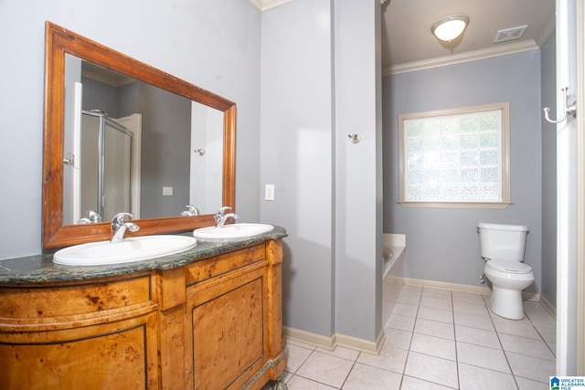 full bathroom featuring crown molding, shower with separate bathtub, tile floors, dual bowl vanity, and toilet