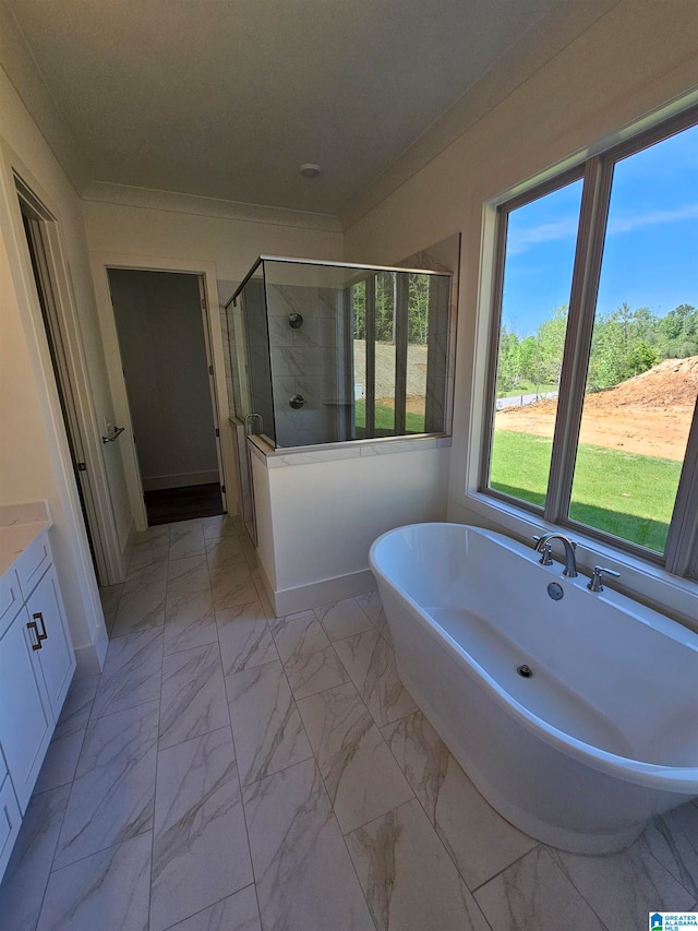 bathroom with tile floors, plus walk in shower, and vanity