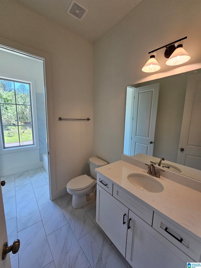 full bathroom with tile flooring, shower / bath combination, toilet, and large vanity