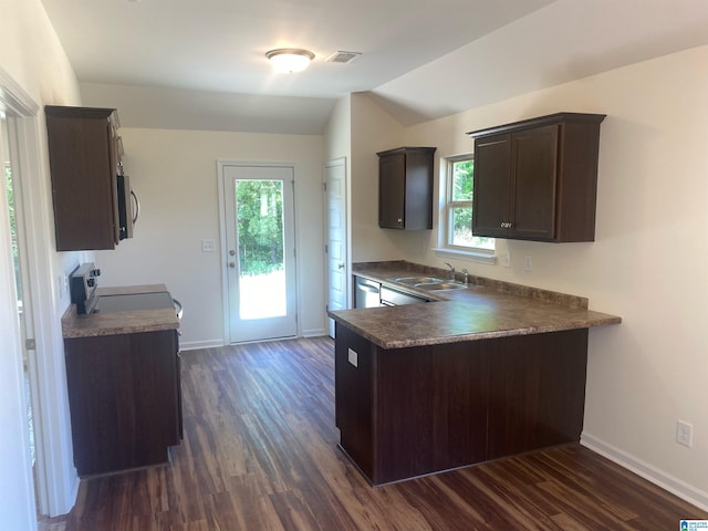 kitchen featuring appliances with stainless steel finishes, dark hardwood / wood-style flooring, sink, and dark brown cabinets