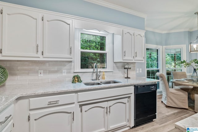 kitchen featuring dishwasher, sink, white cabinets, decorative backsplash, and ornamental molding