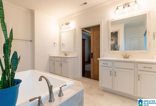 bathroom featuring crown molding, vanity, tile patterned floors, and a relaxing tiled tub