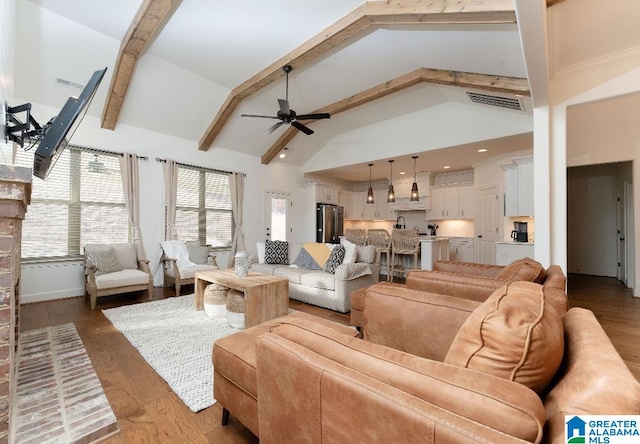 living room with lofted ceiling with beams, wood-type flooring, and ceiling fan