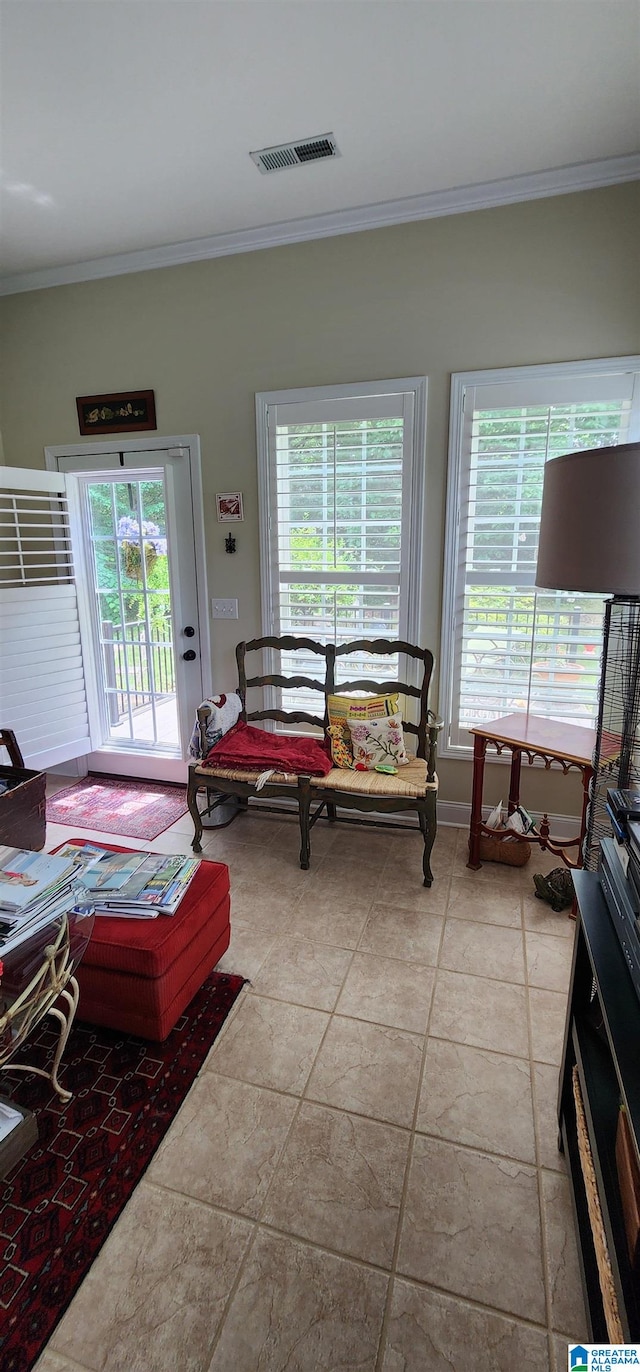 living room featuring crown molding and tile floors