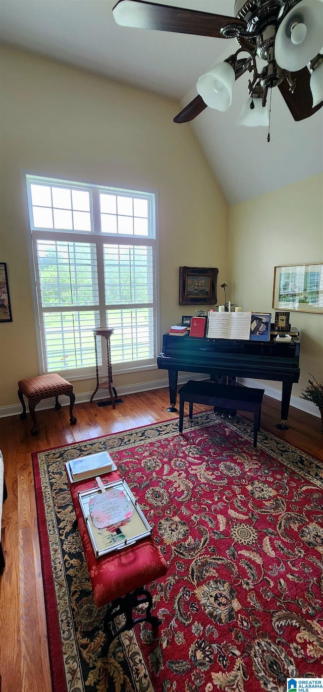 recreation room featuring wood-type flooring, ceiling fan, and vaulted ceiling