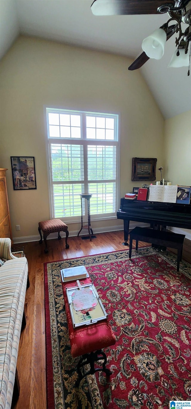 living room featuring ceiling fan, lofted ceiling, and wood-type flooring