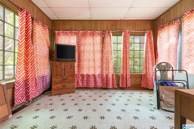 interior space with wood walls and a paneled ceiling