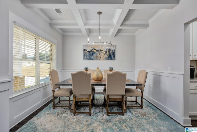 dining area featuring coffered ceiling, dark hardwood / wood-style floors, a notable chandelier, crown molding, and beamed ceiling