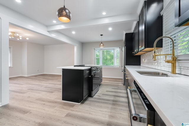 kitchen with dishwasher, sink, tasteful backsplash, black electric range, and decorative light fixtures