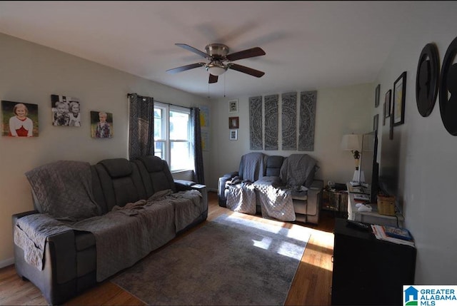 living room with ceiling fan and hardwood / wood-style flooring