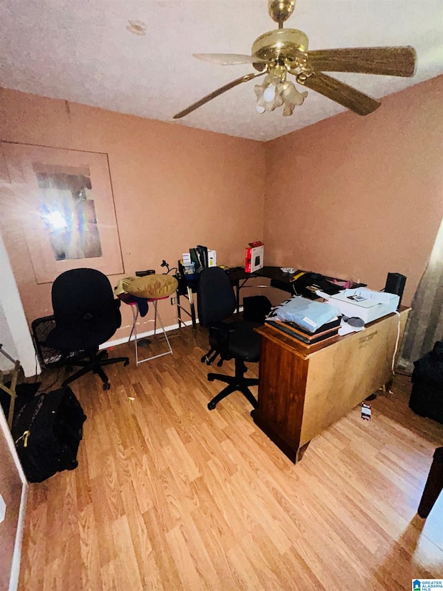 office space featuring ceiling fan and light hardwood / wood-style floors