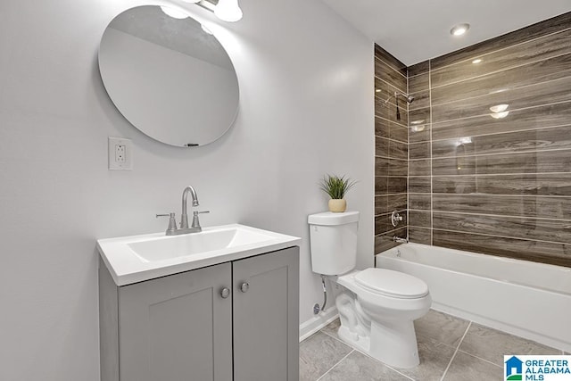 full bathroom featuring tile patterned flooring, vanity, tiled shower / bath combo, and toilet