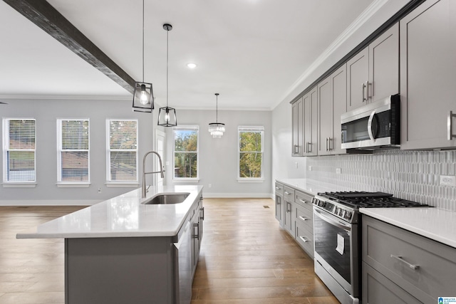 kitchen with pendant lighting, sink, backsplash, stainless steel appliances, and an island with sink