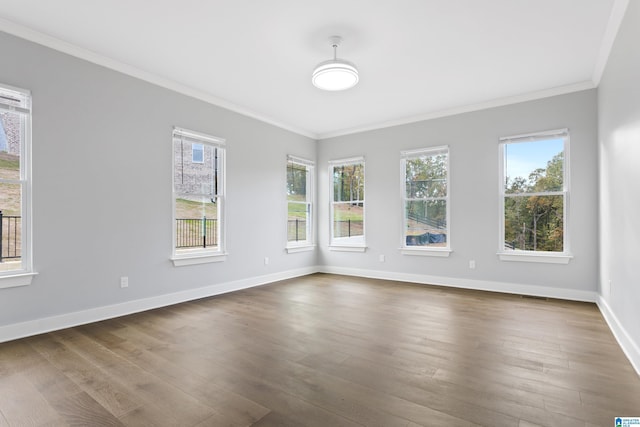 unfurnished room featuring ornamental molding, dark hardwood / wood-style floors, and a healthy amount of sunlight