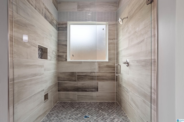 bathroom with a shower with shower door