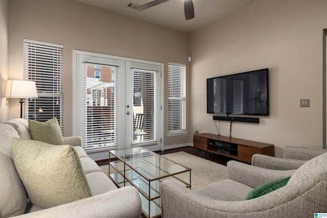 living room with ceiling fan