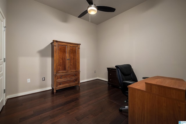 unfurnished office with ceiling fan and hardwood / wood-style flooring