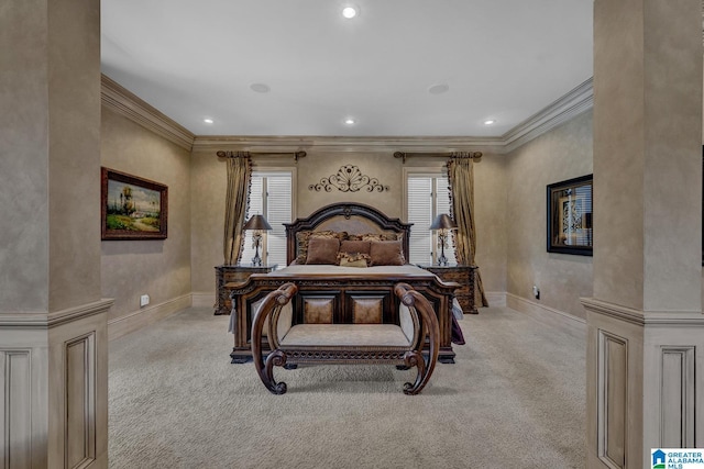 bedroom featuring ornamental molding and light carpet