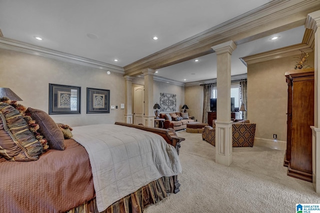 bedroom featuring light colored carpet and ornate columns