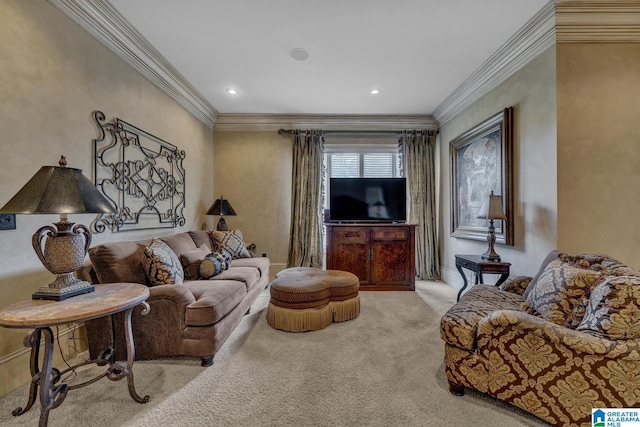 living area featuring light carpet and crown molding