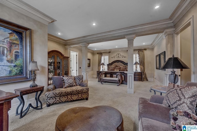 bedroom featuring ornate columns and light colored carpet