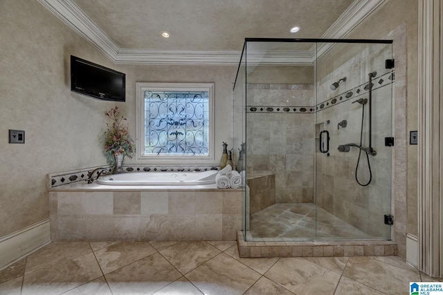 bathroom with independent shower and bath and ornamental molding