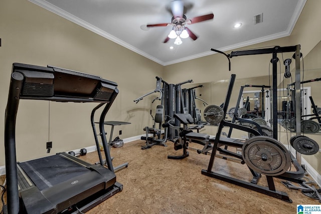 exercise area featuring crown molding and ceiling fan