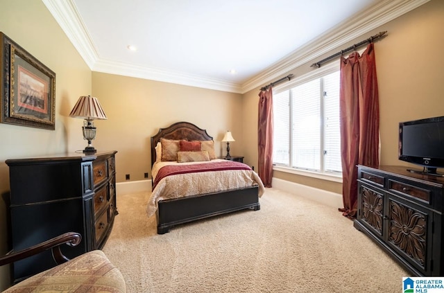 bedroom featuring light colored carpet and ornamental molding