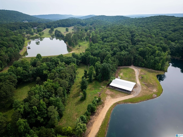 aerial view featuring a water and mountain view