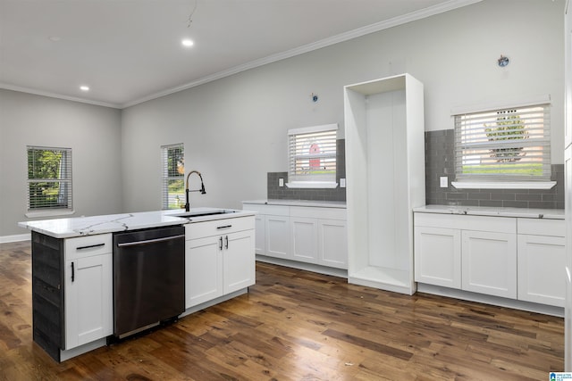 kitchen with white cabinetry, stainless steel dishwasher, dark hardwood / wood-style floors, and sink