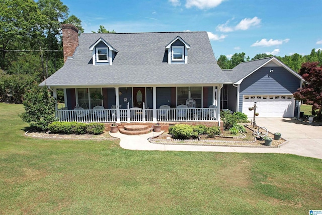 cape cod house with a garage, driveway, roof with shingles, a front lawn, and a porch