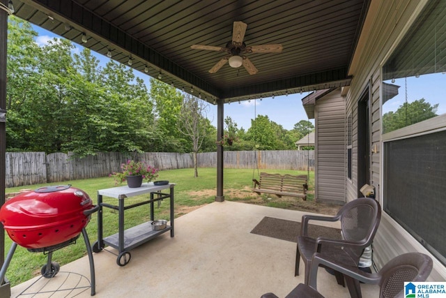 view of patio featuring ceiling fan and area for grilling