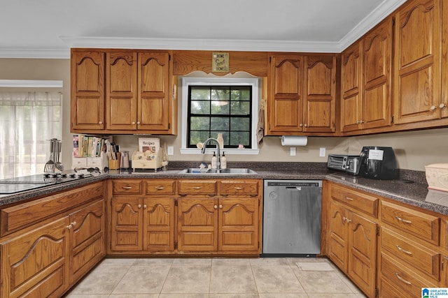 kitchen with dishwasher, sink, black cooktop, crown molding, and light tile patterned floors