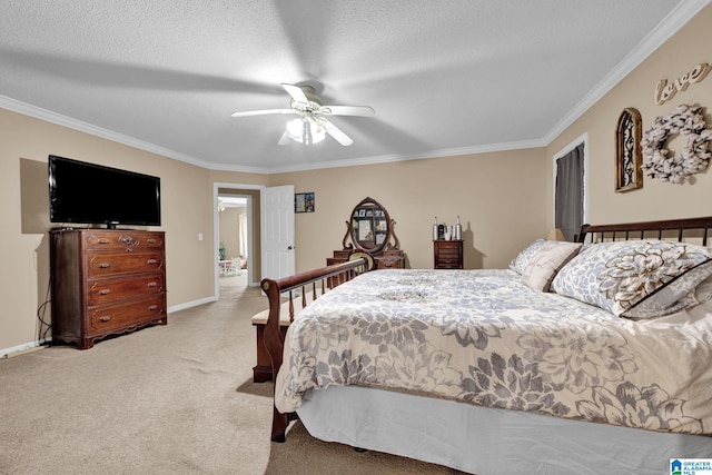 bedroom featuring a textured ceiling, light colored carpet, ceiling fan, and ornamental molding