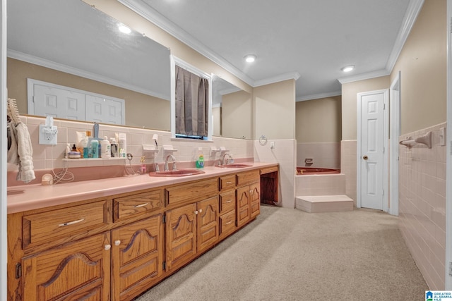 bathroom featuring vanity, a bath, crown molding, and tile walls