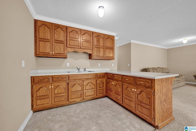 kitchen with a textured ceiling, crown molding, kitchen peninsula, and sink