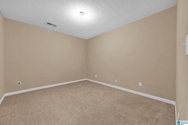 empty room with light colored carpet and a textured ceiling