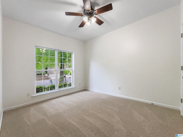 unfurnished room featuring ceiling fan and carpet