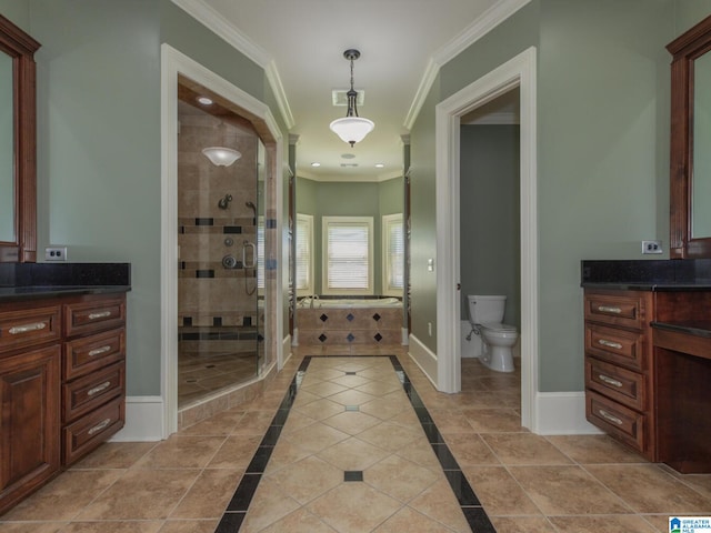 bathroom with tile floors, a shower with shower door, toilet, and vanity