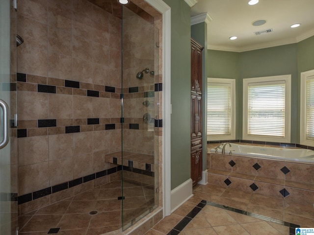 bathroom featuring shower with separate bathtub, tile floors, and crown molding