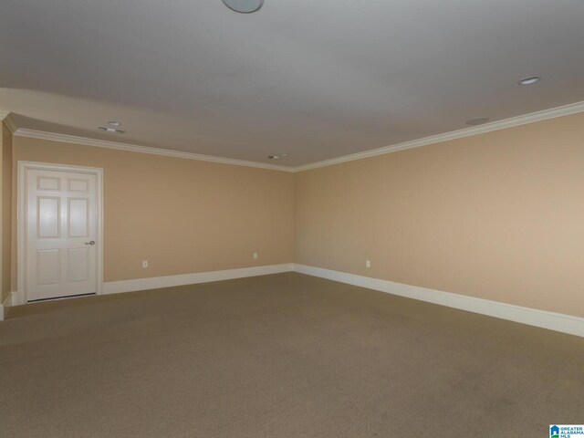 unfurnished room featuring crown molding and carpet