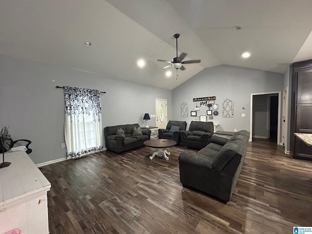 living area with high vaulted ceiling, baseboards, dark wood-type flooring, and ceiling fan