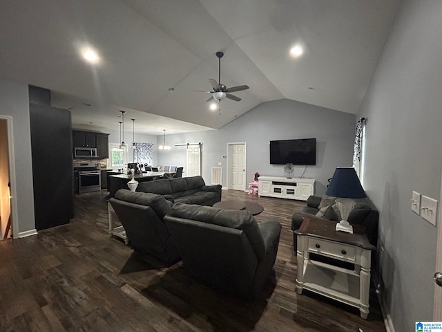 living room featuring ceiling fan, dark hardwood / wood-style flooring, and lofted ceiling