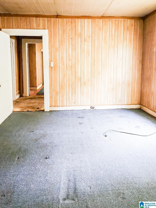 spare room featuring wood walls, carpet floors, and wooden ceiling