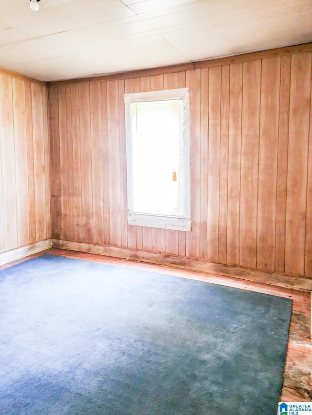 carpeted empty room featuring wood walls