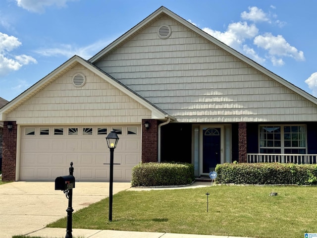 ranch-style home featuring brick siding, concrete driveway, a garage, and a front yard