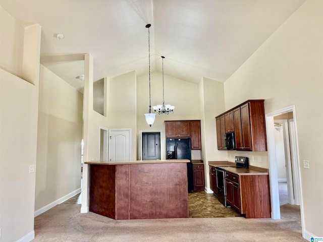 kitchen with pendant lighting, black appliances, a center island, carpet, and high vaulted ceiling